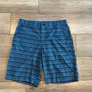 Lululemon Commission Shorts Mens 36 Blue Teal Gingham Plaid Excellent Golf Chino